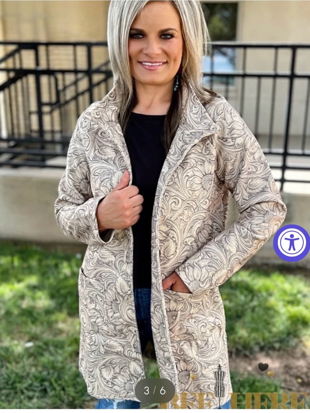 Sterling Kreek Soft Printed Button-Front Coat - Light Gray Floral Swirl; Size 2X